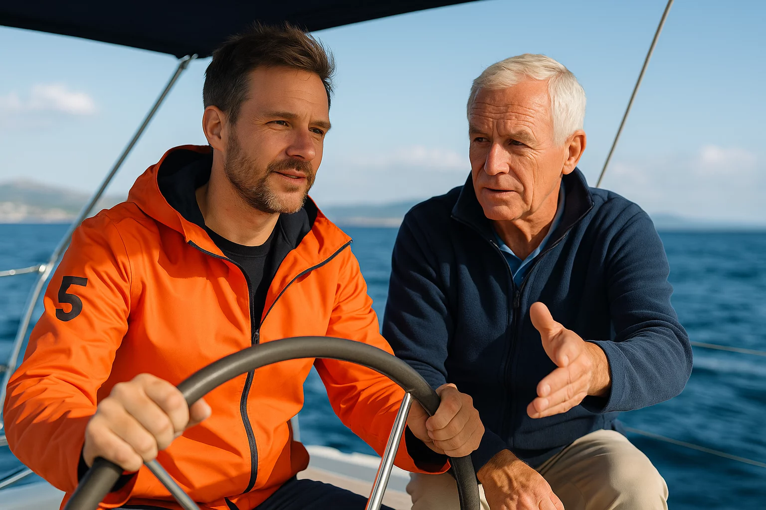 Privat-Coaching an Bord: Trainer instruiert Skipper am Steuerrad.